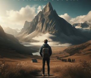 Man looking up at mountain top before a hike